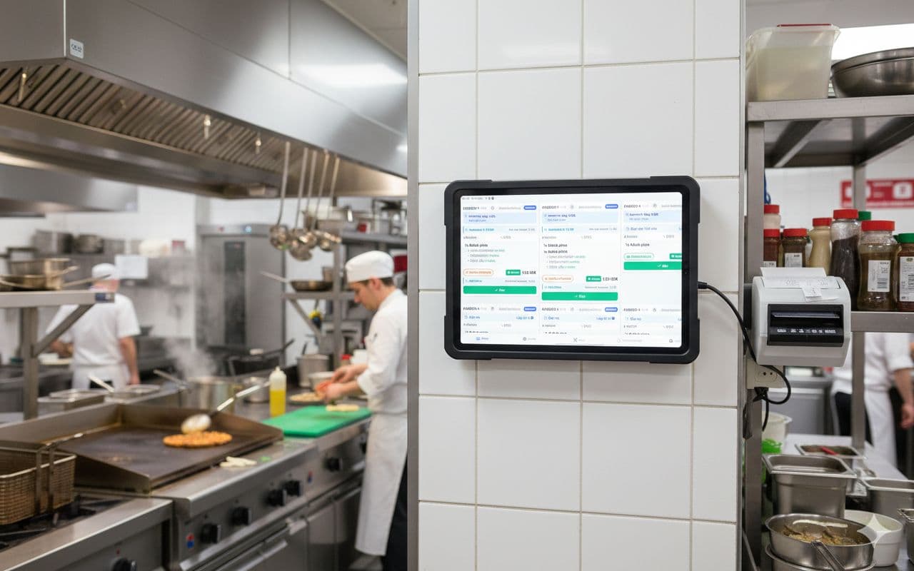 Surfplatta monterad i restaurangkök med aktiva beställningar