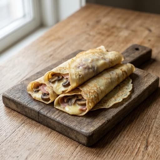 Crêpes med ost, champinjoner, skinka